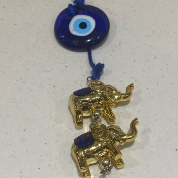 Blue Evil Eye Wall Hanging with Gold Elephants - Picture 3 of 7